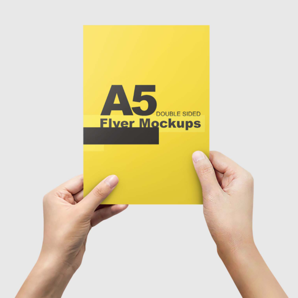 A person holding an A5 flyer with two hands